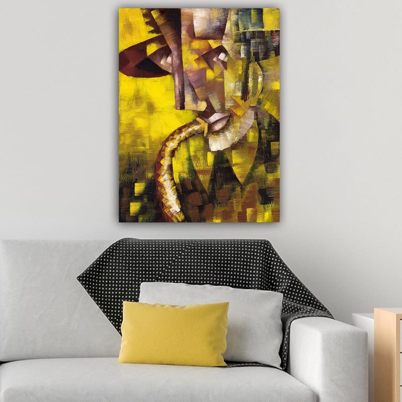 Canvas taulu 70x100 cm - Abstrakti muotokuva saksofonia soittavasta muusikosta, keskittyen kasvojen ja soittimen muotoihin - Keltainen / Ruskea / Musta - Sisustustuotteet - Taulu & taide - Canvas-taulu