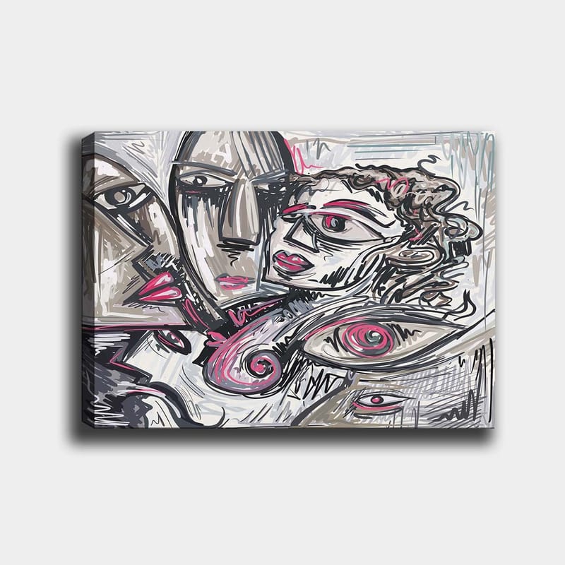 Canvas taulu 70x100 cm - Abstrakti muotokuva tunteellisista kasvoista, Harmaa / Vaaleanpunainen / Musta