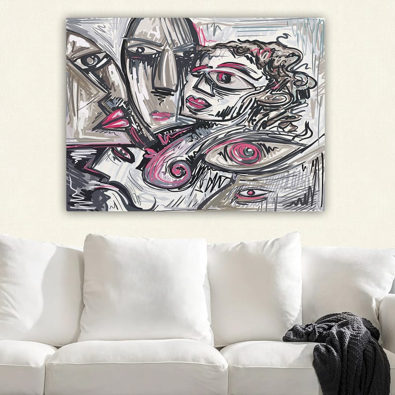 Canvas taulu 70x100 cm - Abstrakti muotokuva tunteellisista kasvoista - Harmaa / Vaaleanpunainen / Musta - Sisustustuotteet - Taulu & taide - Canvas-taulu