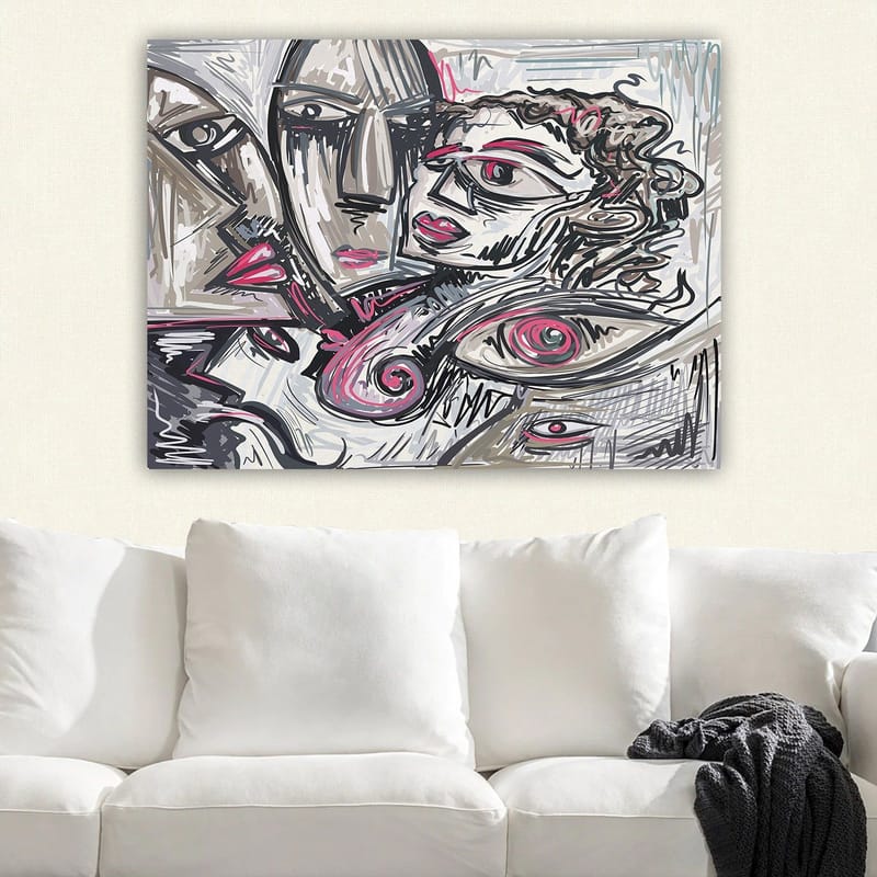 Canvas taulu 70x100 cm - Abstrakti muotokuva tunteellisista kasvoista - Harmaa / Vaaleanpunainen / Musta - Sisustustuotteet - Taulu & taide - Canvas-taulu