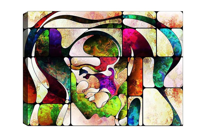 Canvas taulu 70x100 cm - Abstrakti muotokuva värikkäillä muodoilla ja viivoilla, Vihreä / Punainen / Violetti