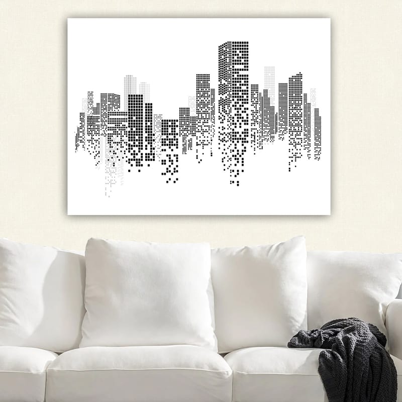 Canvas taulu 70x100 cm - Abstrakti mustavalkoinen kaupunkikuva pikselikuviolla - Musta / Valkoinen / Harmaa - Sisustustuotteet - Taulu & taide - Canvas-taulu