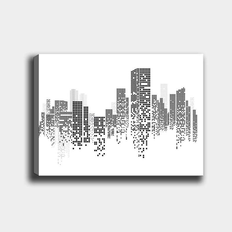 Canvas taulu 70x100 cm - Abstrakti mustavalkoinen kaupunkikuva pikselikuviolla, Musta / Valkoinen / Harmaa