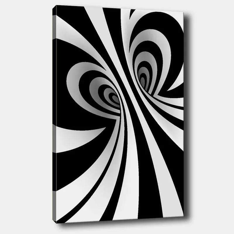 Canvas taulu 70x100 cm - Abstrakti mustavalkoinen kuvio kaarevilla linjoilla, jotka luovat syvyyden illuusion, Musta / Valkoinen / Harmaa