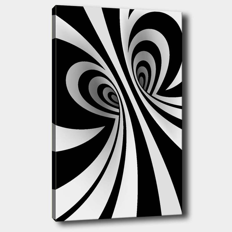 Canvas taulu 70x100 cm - Abstrakti mustavalkoinen kuvio kaarevilla linjoilla, jotka luovat syvyyden illuusion, Musta / Valkoinen / Harmaa
