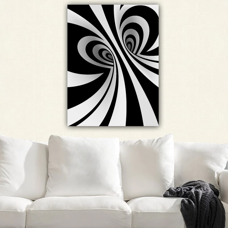 Canvas taulu 70x100 cm - Abstrakti mustavalkoinen kuvio kaarevilla linjoilla, jotka luovat syvyyden illuusion - Musta / Valkoinen / Harmaa - Sisustustuotteet - Taulu & taide - Canvas-taulu