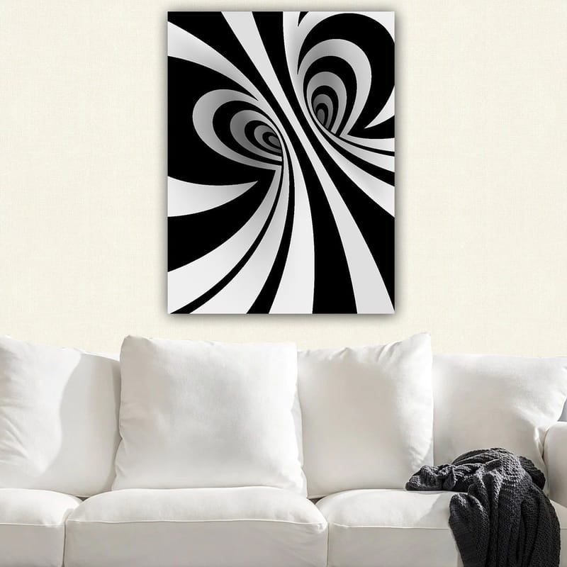 Canvas taulu 70x100 cm - Abstrakti mustavalkoinen kuvio kaarevilla linjoilla, jotka luovat syvyyden illuusion - Musta / Valkoinen / Harmaa - Sisustustuotteet - Taulu & taide - Canvas-taulu