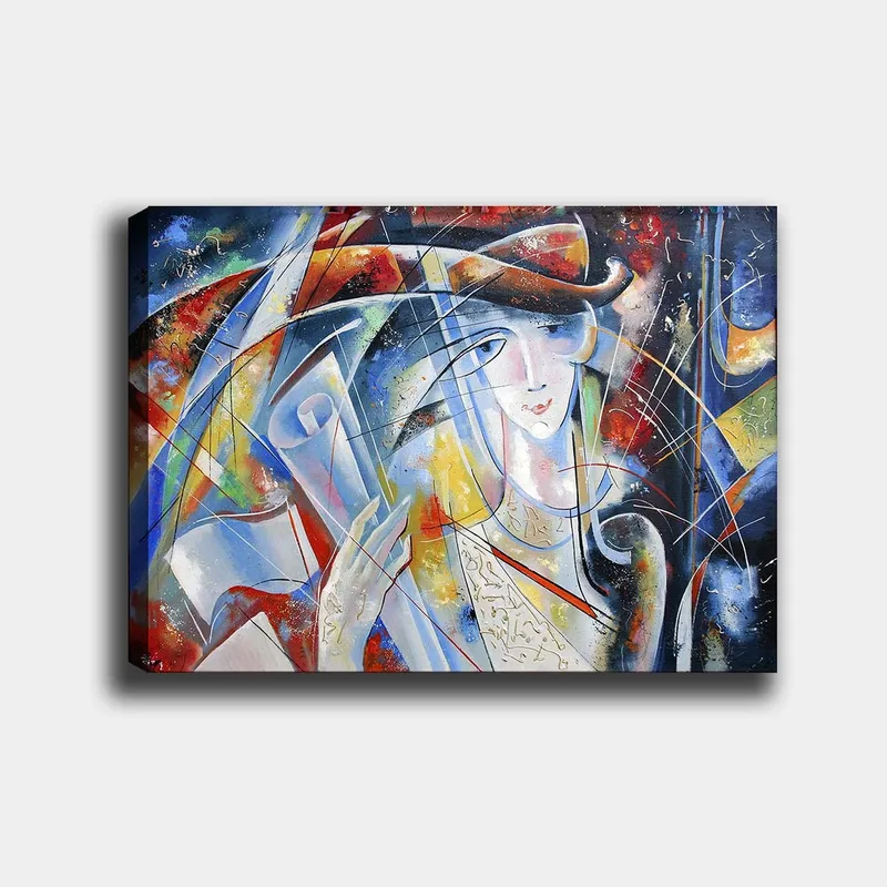 Canvas taulu 70x100 cm - Abstrakti nainen kädessään rullattu pergamentti, värikkäiden muotojen ja viivojen ympäröimänä, Sininen / Punainen / Valkoinen