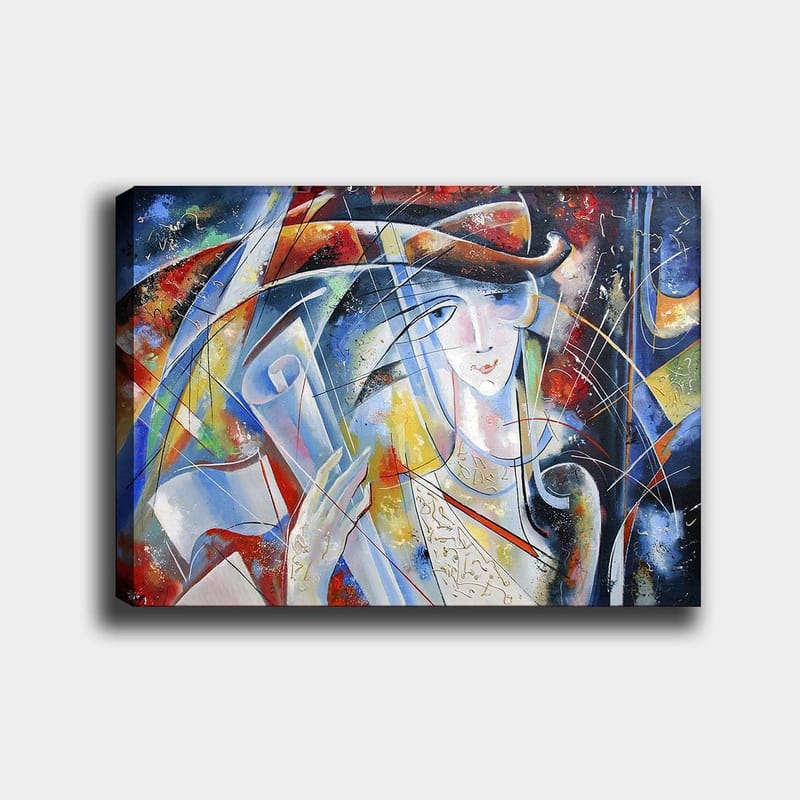 Canvas taulu 70x100 cm - Abstrakti nainen kädessään rullattu pergamentti, värikkäiden muotojen ja viivojen ympäröimänä, Sininen / Punainen / Valkoinen