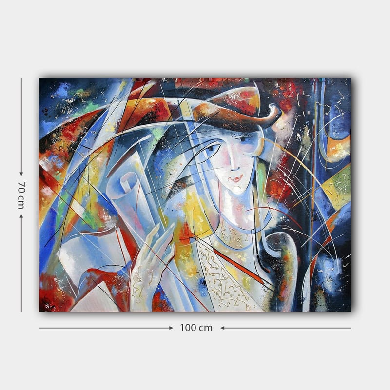 Canvas taulu 70x100 cm - Abstrakti nainen kädessään rullattu pergamentti, värikkäiden muotojen ja viivojen ympäröimänä - Sininen / Punainen / Valkoinen - Sisustustuotteet - Taulu & taide - Canvas-taulu
