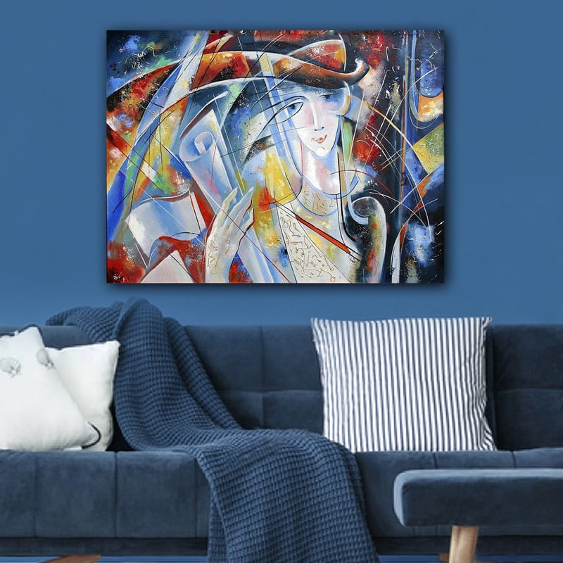 Canvas taulu 70x100 cm - Abstrakti nainen kädessään rullattu pergamentti, värikkäiden muotojen ja viivojen ympäröimänä - Sininen / Punainen / Valkoinen - Sisustustuotteet - Taulu & taide - Canvas-taulu