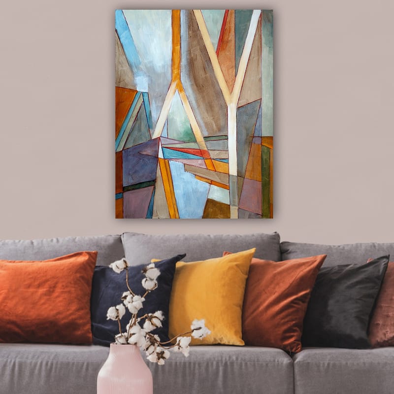 Canvas taulu 70x100 cm - Abstrakti sommitelma, jossa geometriset muodot ja viivat luovat dynaamisen tunnelman - Sininen / Oranssi / Ruskea - Sisustustuotteet - Taulu & taide - Canvas-taulu