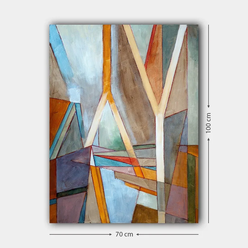 Canvas taulu 70x100 cm - Abstrakti sommitelma, jossa geometriset muodot ja viivat luovat dynaamisen tunnelman - Sininen / Oranssi / Ruskea - Sisustustuotteet - Taulu & taide - Canvas-taulu