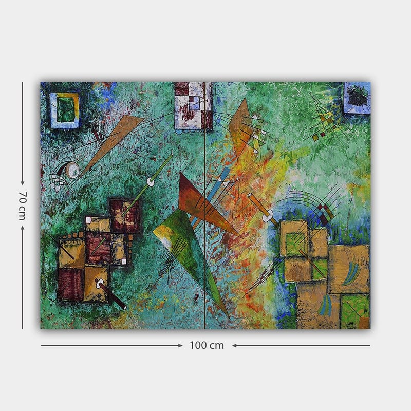 Canvas taulu 70x100 cm - Abstrakti sommitelma, jossa geometrisia muotoja ja dynaamisia viivoja on värikkäässä harmoniassa - Vihreä / Oranssi / Ruskea - Sisustustuotteet - Taulu & taide - Canvas-taulu