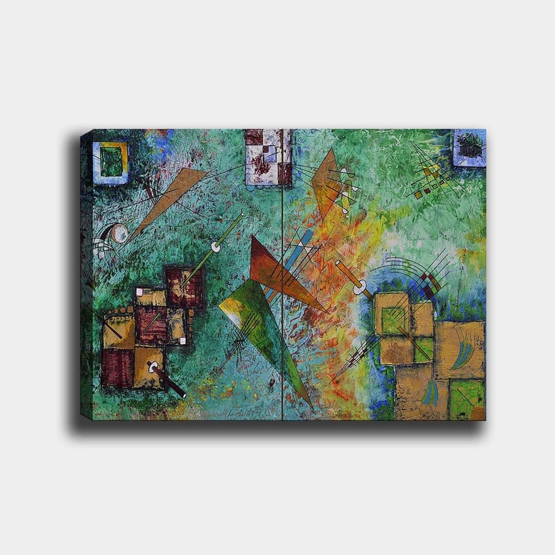Canvas taulu 70x100 cm - Abstrakti sommitelma, jossa geometrisia muotoja ja dynaamisia viivoja on värikkäässä harmoniassa, Vihreä / Oranssi / Ruskea