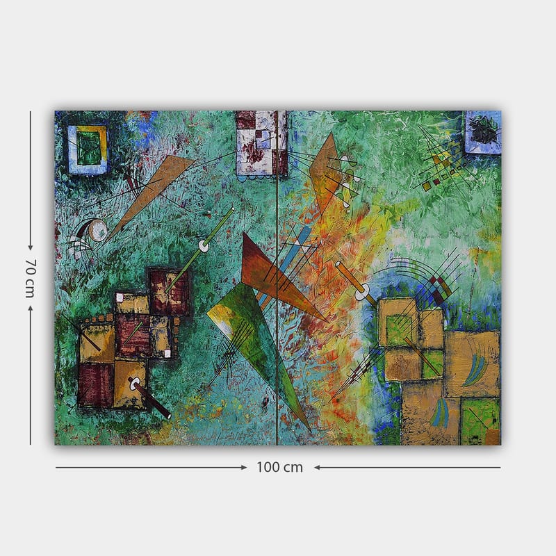 Canvas taulu 70x100 cm - Abstrakti sommitelma, jossa geometrisia muotoja ja dynaamisia viivoja on värikkäässä harmoniassa - Vihreä / Oranssi / Ruskea - Sisustustuotteet - Taulu & taide - Canvas-taulu