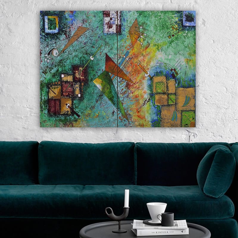 Canvas taulu 70x100 cm - Abstrakti sommitelma, jossa geometrisia muotoja ja dynaamisia viivoja on värikkäässä harmoniassa - Vihreä / Oranssi / Ruskea - Sisustustuotteet - Taulu & taide - Canvas-taulu