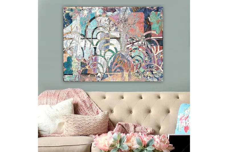 Canvas taulu 70x100 cm - Abstrakti sommitelma, jossa kasviaiheet ja tekstuurit luovat syvyyden ja liikkeen tunteen - Turkoosi / Punainen / Vihreä - Sisustustuotteet - Taulu & taide - Canvas-taulu