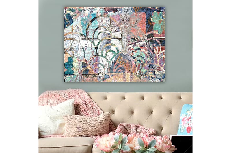 Canvas taulu 70x100 cm - Abstrakti sommitelma, jossa kasviaiheet ja tekstuurit luovat syvyyden ja liikkeen tunteen - Turkoosi / Punainen / Vihreä - Sisustustuotteet - Taulu & taide - Canvas-taulu