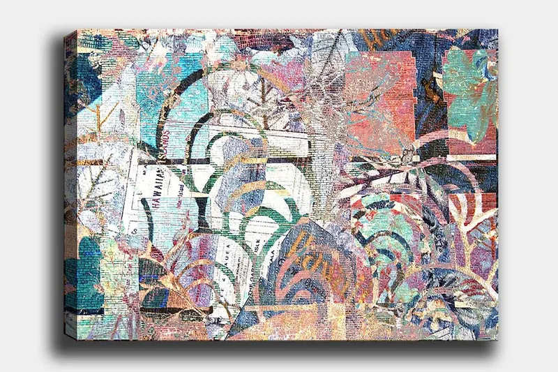 Canvas taulu 70x100 cm - Abstrakti sommitelma, jossa kasviaiheet ja tekstuurit luovat syvyyden ja liikkeen tunteen, Turkoosi / Punainen / Vihreä