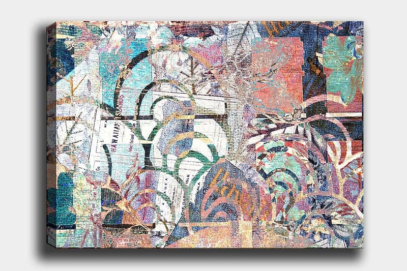 Canvas taulu 70x100 cm - Abstrakti sommitelma, jossa kasviaiheet ja tekstuurit luovat syvyyden ja liikkeen tunteen, Turkoosi / Punainen / Vihreä