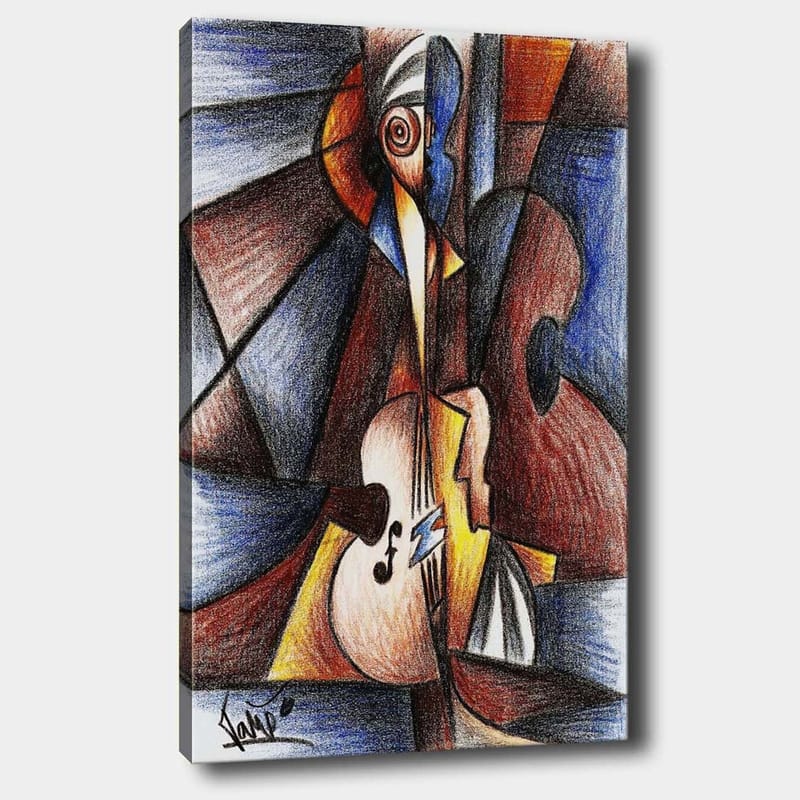 Canvas taulu 70x100 cm - Abstrakti sommitelma, jossa muusikko soittaa instrumenttia, Tummansininen / Ruskea / Beige