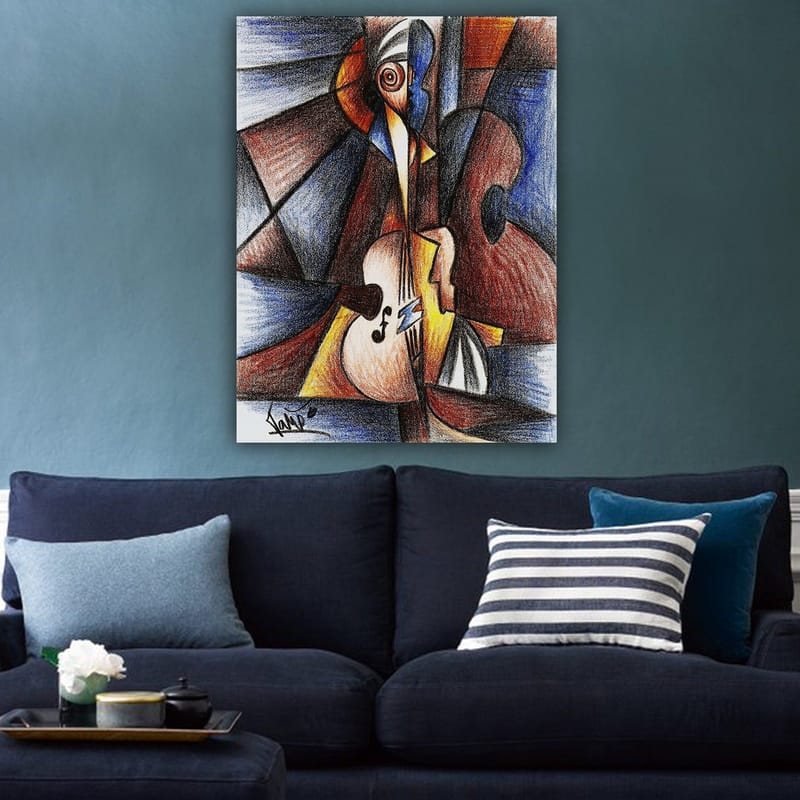 Canvas taulu 70x100 cm - Abstrakti sommitelma, jossa muusikko soittaa instrumenttia - Tummansininen / Ruskea / Beige - Sisustustuotteet - Taulu & taide - Canvas-taulu