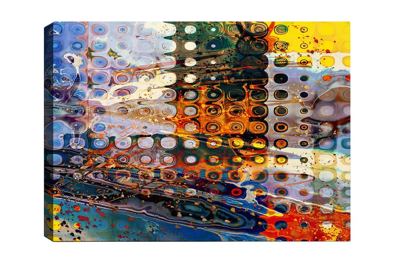 Canvas taulu 70x100 cm - Abstrakti sommitelma, jossa on erivärisiä pyöreitä kuvioita, jotka luovat dynaamisen tunnelman, Sininen / Oranssi / Keltainen