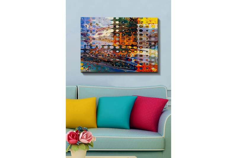 Canvas taulu 70x100 cm - Abstrakti sommitelma, jossa on erivärisiä pyöreitä kuvioita, jotka luovat dynaamisen tunnelman - Sininen / Oranssi / Keltainen - Sisustustuotteet - Taulu & taide - Canvas-taulu