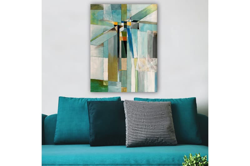 Canvas taulu 70x100 cm - Abstrakti sommitelma, jossa on geometrisia muotoja eri sinisen ja vihreän sävyissä, Sininen / Vihreä / Beige