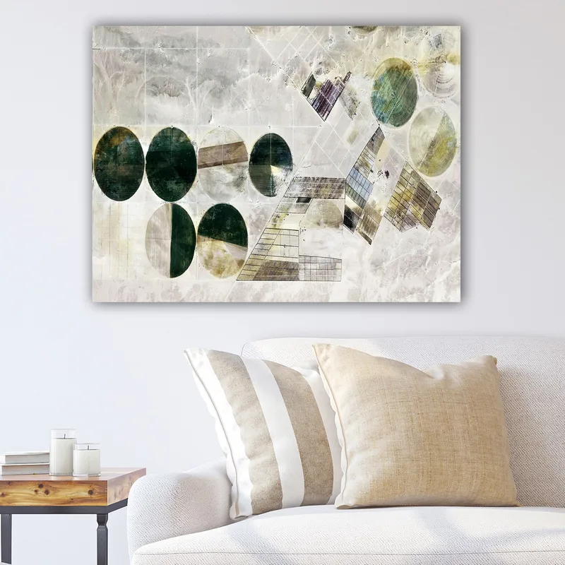 Canvas taulu 70x100 cm - Abstrakti sommitelma, jossa on geometrisia muotoja eri vihreän ja ruskean sävyissä, Tummanvihreä / Vaaleanvihreä / Ruskea