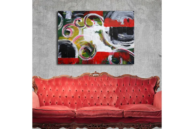 Canvas taulu 70x100 cm - Abstrakti sommitelma, jossa on mustia ympyröitä ja spiraalimuotoja kontrastiväreissä - Punainen / Musta / Valkoinen - Sisustustuotteet - Taulu & taide - Canvas-taulu