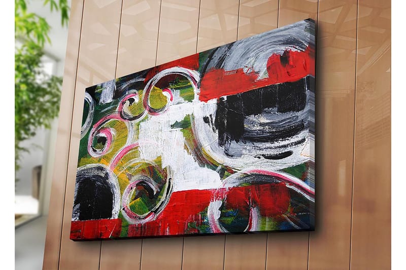 Canvas taulu 70x100 cm - Abstrakti sommitelma, jossa on mustia ympyröitä ja spiraalimuotoja kontrastiväreissä - Punainen / Musta / Valkoinen - Sisustustuotteet - Taulu & taide - Canvas-taulu