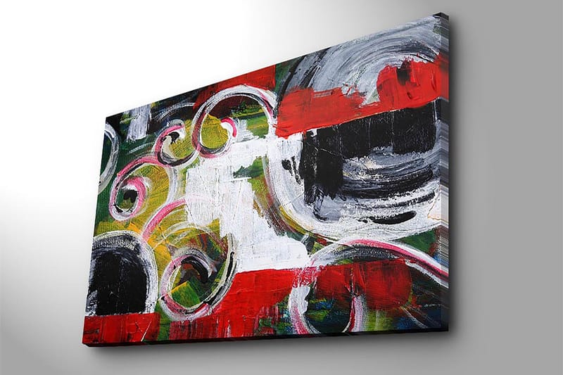 Canvas taulu 70x100 cm - Abstrakti sommitelma, jossa on mustia ympyröitä ja spiraalimuotoja kontrastiväreissä - Punainen / Musta / Valkoinen - Sisustustuotteet - Taulu & taide - Canvas-taulu