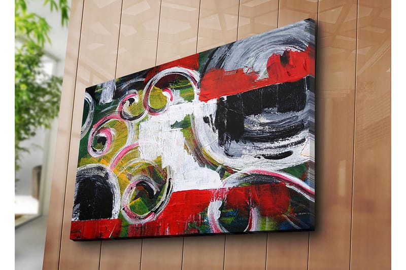 Canvas taulu 70x100 cm - Abstrakti sommitelma, jossa on mustia ympyröitä ja spiraalimuotoja kontrastiväreissä - Punainen / Musta / Valkoinen - Sisustustuotteet - Taulu & taide - Canvas-taulu