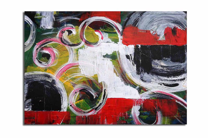 Canvas taulu 70x100 cm - Abstrakti sommitelma, jossa on mustia ympyröitä ja spiraalimuotoja kontrastiväreissä, Punainen / Musta / Valkoinen