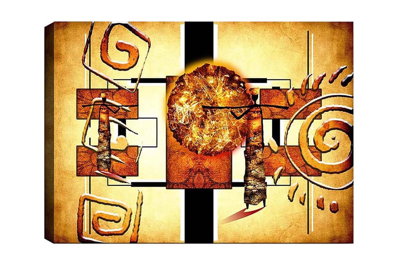 Canvas taulu 70x100 cm - Abstrakti sommitelma, jossa on suuri aurinko ja geometrisia muotoja, Kulta / Ruskea / Musta