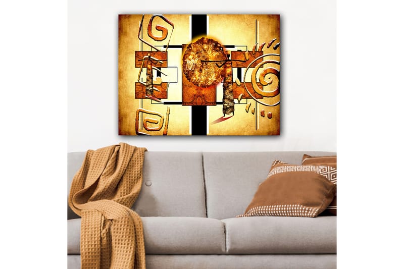 Canvas taulu 70x100 cm - Abstrakti sommitelma, jossa on suuri aurinko ja geometrisia muotoja - Kulta / Ruskea / Musta - Sisustustuotteet - Taulu & taide - Canvas-taulu