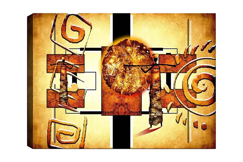 Canvas taulu 70x100 cm - Abstrakti sommitelma, jossa on suuri aurinko ja geometrisia muotoja, Kulta / Ruskea / Musta