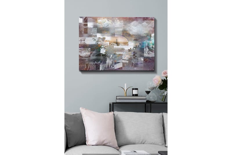 Canvas taulu 70x100 cm - Abstrakti sommitelma, jossa on tekstielementtejä ja erilaisia muotoja, jotka luovat syvyyden ja mysteerin tuntua - Violetti / Harmaa / Valkoinen - Sisustustuotteet - Taulu & taide - Canvas-taulu