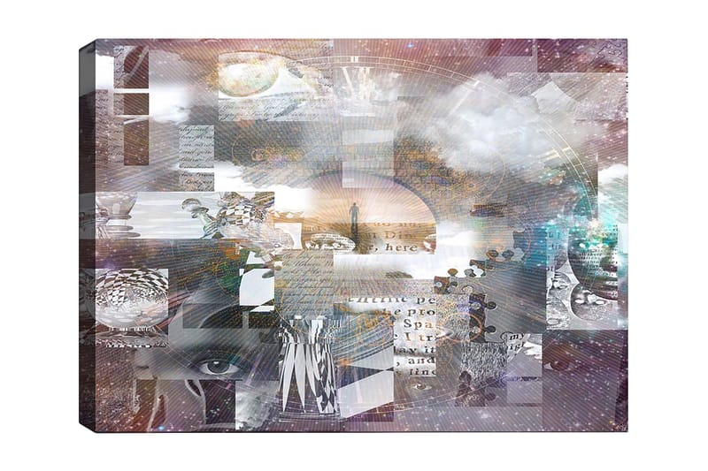 Canvas taulu 70x100 cm - Abstrakti sommitelma, jossa on tekstielementtejä ja erilaisia muotoja, jotka luovat syvyyden ja mysteerin tuntua, Violetti / Harmaa / Valkoinen