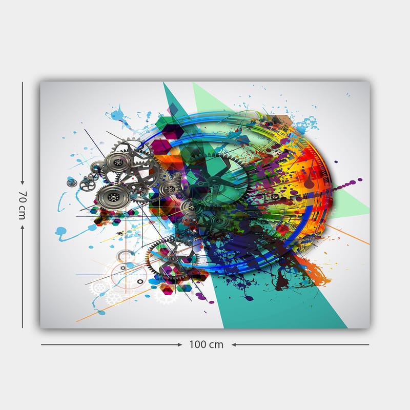 Canvas taulu 70x100 cm - Abstrakti sommitelma, jossa on vaihteita ja värikkäitä suihkeita, jotka symboloivat liikettä ja teknologiaa - Turkoosi / Punainen / Violetti - Sisustustuotteet - Taulu & taide - Canvas-taulu