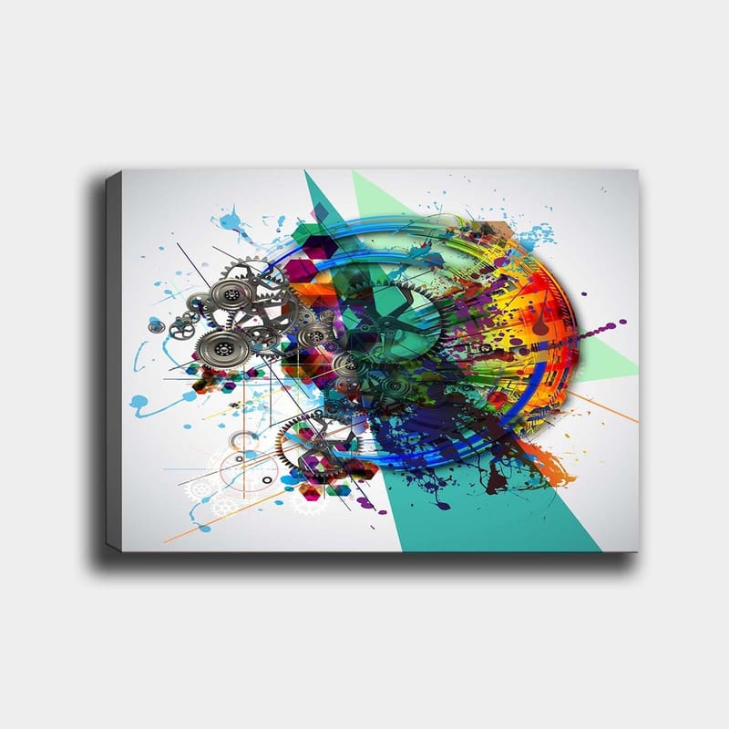 Canvas taulu 70x100 cm - Abstrakti sommitelma, jossa on vaihteita ja värikkäitä suihkeita, jotka symboloivat liikettä ja teknologiaa, Turkoosi / Punainen / Violetti