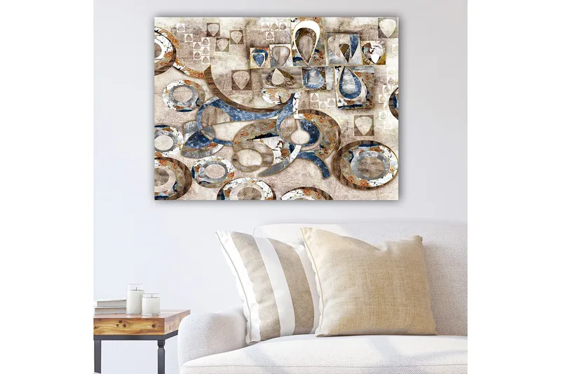 Canvas taulu 70x100 cm - Abstrakti sommitelma, jossa on ympyröitä ja geometrisia muotoja eri sävyissä, Sininen / Ruskea / Beige