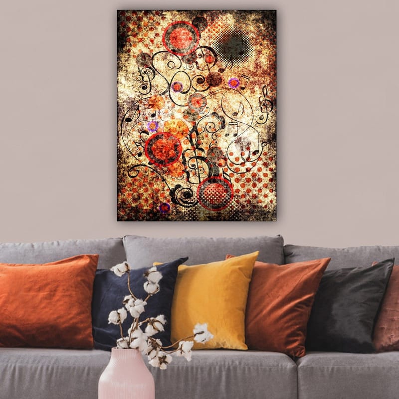 Canvas taulu 70x100 cm - Abstrakti sommitelma, jossa on ympyröitä ja mustia viivoja dynaamisessa ja leikkisässä tyylissä, Punainen / Musta / Beige