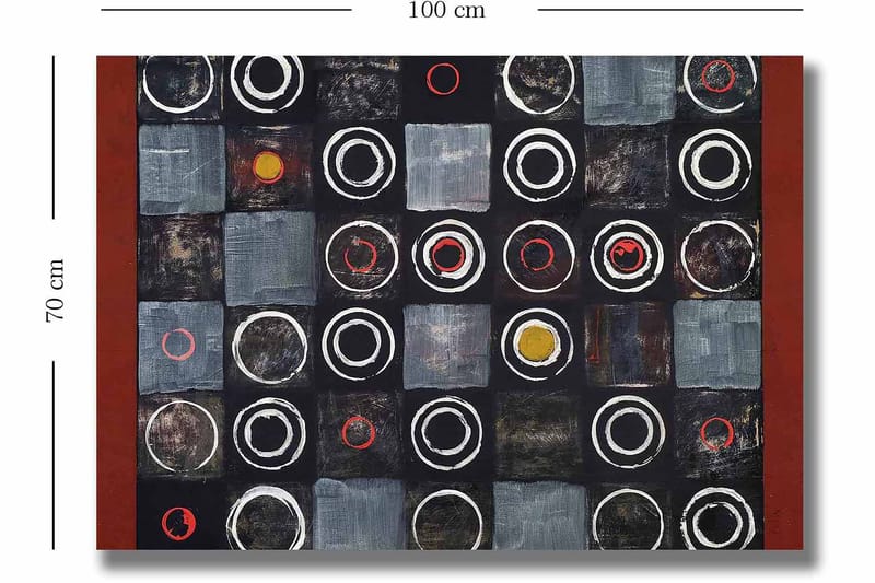 Canvas taulu 70x100 cm - Abstrakti sommitelma, jossa on ympyröitä ja neliöitä kontrastiväreissä - Musta / Harmaa / Punainen - Sisustustuotteet - Taulu & taide - Canvas-taulu