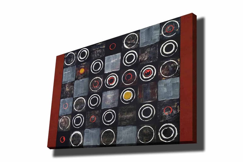 Canvas taulu 70x100 cm - Abstrakti sommitelma, jossa on ympyröitä ja neliöitä kontrastiväreissä, Musta / Harmaa / Punainen