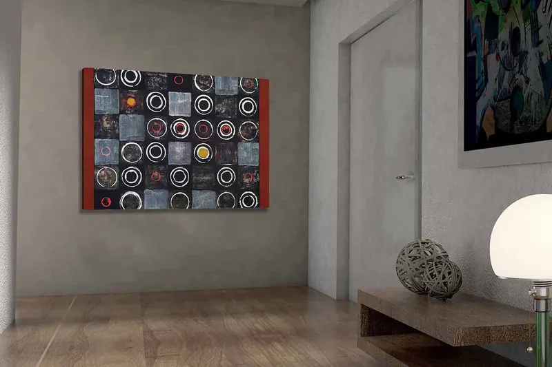 Canvas taulu 70x100 cm - Abstrakti sommitelma, jossa on ympyröitä ja neliöitä kontrastiväreissä - Musta / Harmaa / Punainen - Sisustustuotteet - Taulu & taide - Canvas-taulu