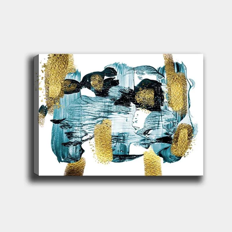 Canvas taulu 70x100 cm - Abstrakti sommitelma, jossa sinisen ja kullanväriset elementit luovat dynaamisen tunnelman, Tummansininen / Kulta / Vaaleansininen