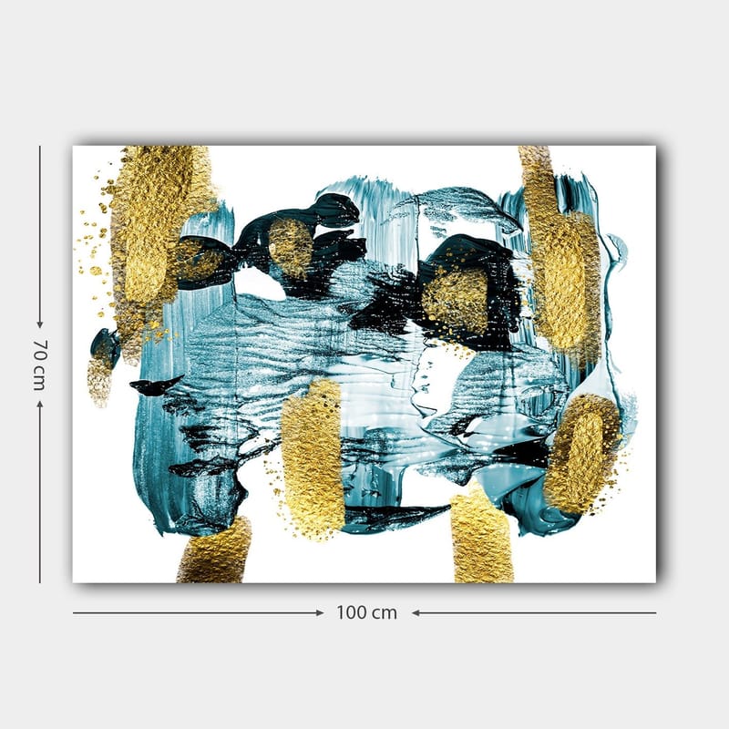 Canvas taulu 70x100 cm - Abstrakti sommitelma, jossa sinisen ja kullanväriset elementit luovat dynaamisen tunnelman - Tummansininen / Kulta / Vaaleansininen - Sisustustuotteet - Taulu & taide - Canvas-taulu